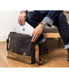 Canvas Leather Mens Side Bag Black 14'' Briefcase Gray Postman Bag Messenger Bag for Men - iwalletsmen