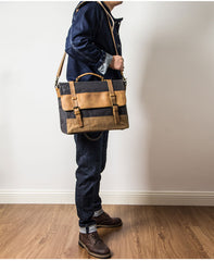 Canvas Leather Mens Side Bag Black 14'' Briefcase Gray Postman Bag Messenger Bag for Men - iwalletsmen