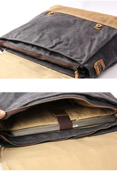 Canvas Leather Mens Side Bag Black 14'' Briefcase Gray Postman Bag Messenger Bag for Men - iwalletsmen