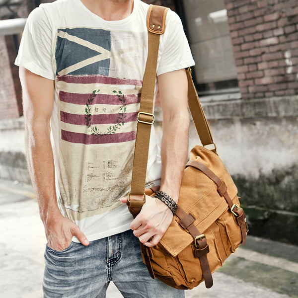Canvas Leather Mens Vintage 14" Brown Travel Side Bag Black Messenger Bag Blue Shoulder Bag for Men - iwalletsmen
