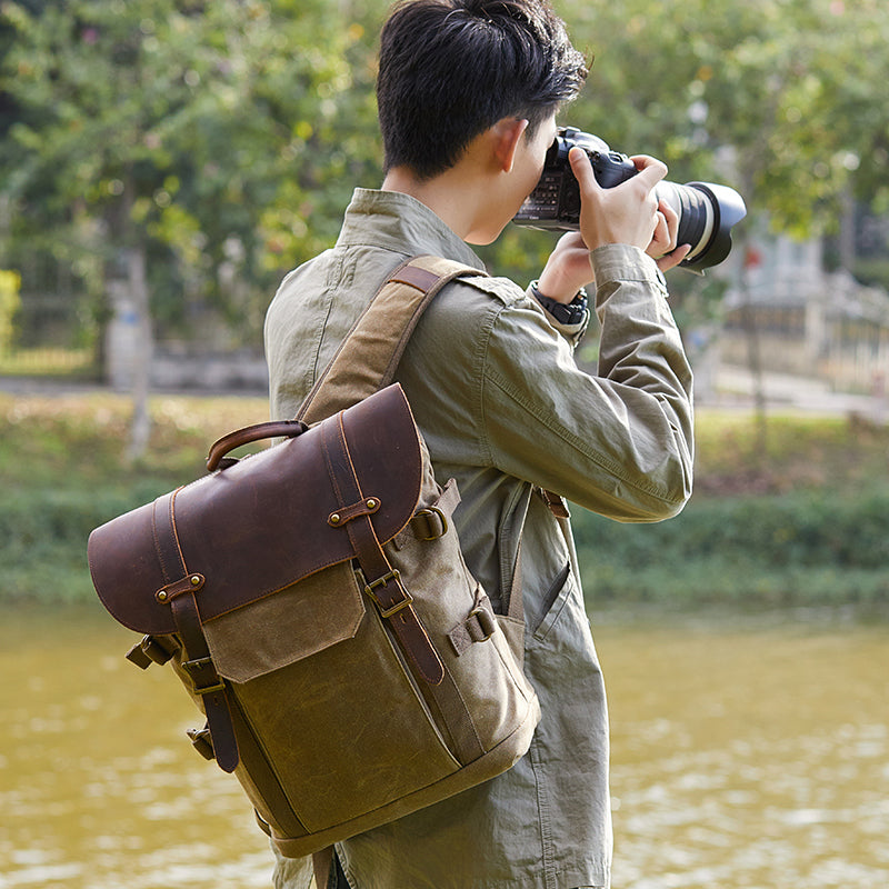 canvas leather camera backpack Canvas Camera Backpack Mens Canon Nikon Waterproof 15'' Large Camera B – iwalletsmen