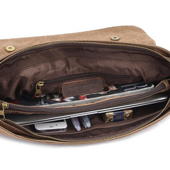 Canvas Leather Mens Vintage Khaki 14'' Briefcase Side Bag Lake Green Messenger Bag Brown Courier Bag for Men - iwalletsmen