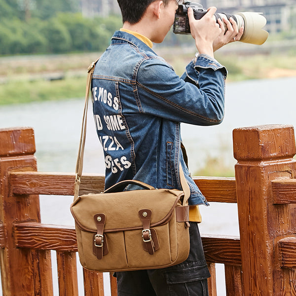 Canvas Leather Mens 14'' Waterproof Army Green CANON CAMERA Khaki Messenger Bag NIKON CAMERA Side BAG DSLR CAMERA BAG - iwalletsmen