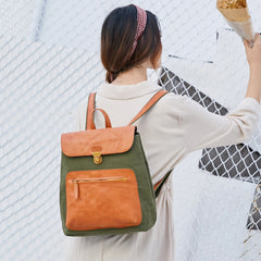 Canvas Leather Mens Women Student Backpack Army Green Travel Backpack Caramel College Backpack for Men - iwalletsmen
