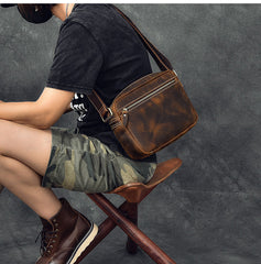 Vintage Leather Mens 8' Brown Saddle Side Bag Messenger Bag Small Postman Bag For Men - iwalletsmen