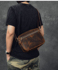 Vintage Leather Mens 8' Brown Saddle Side Bag Messenger Bag Small Postman Bag For Men - iwalletsmen