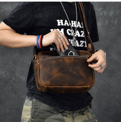 Vintage Leather Mens 8' Brown Saddle Side Bag Messenger Bag Small Postman Bag For Men - iwalletsmen