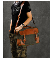 Canvas Leather Mens 14‘’ Army Green Briefcase Side Bag Retro Messenger Bag Shoulder Bag For Men - iwalletsmen