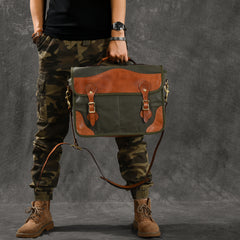 Canvas Leather Mens 14‘’ Army Green Briefcase Side Bag Retro Messenger Bag Shoulder Bag For Men - iwalletsmen