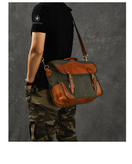 Canvas Leather Mens 14‘’ Army Green Briefcase Side Bag Retro Messenger Bag Shoulder Bag For Men - iwalletsmen
