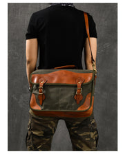 Canvas Leather Mens 14‘’ Army Green Briefcase Side Bag Retro Messenger Bag Shoulder Bag For Men - iwalletsmen