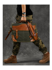 Canvas Leather Mens 14‘’ Army Green Briefcase Side Bag Retro Messenger Bag Shoulder Bag For Men - iwalletsmen