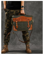 Canvas Leather Mens 14‘’ Army Green Briefcase Side Bag Retro Messenger Bag Shoulder Bag For Men - iwalletsmen