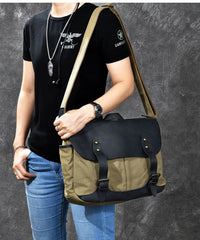 Canvas Leather Mens Army Green Postman Side Bag 14'' Black Messenger Bag Large Shoulder Bag For Men - iwalletsmen