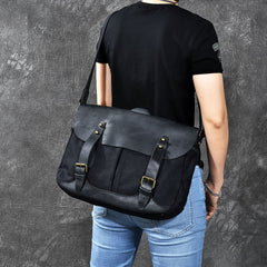 Canvas Leather Mens Army Green Postman Side Bag 14'' Black Messenger Bag Large Shoulder Bag For Men - iwalletsmen
