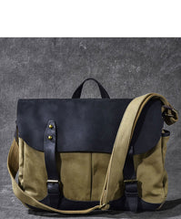 Canvas Leather Mens Army Green Postman Side Bag 14'' Black Messenger Bag Large Shoulder Bag For Men - iwalletsmen