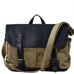 Canvas Leather Mens Army Green Postman Side Bag 14'' Black Messenger Bag Large Shoulder Bag For Men - iwalletsmen