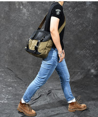 Canvas Leather Mens Army Green Postman Side Bag 14'' Black Messenger Bag Large Shoulder Bag For Men - iwalletsmen
