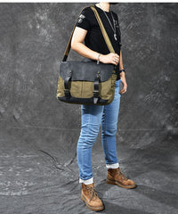 Canvas Leather Mens Army Green Postman Side Bag 14'' Black Messenger Bag Large Shoulder Bag For Men - iwalletsmen