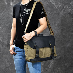 Canvas Leather Mens Army Green Postman Side Bag 14'' Black Messenger Bag Large Shoulder Bag For Men - iwalletsmen