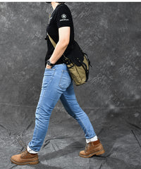 Canvas Leather Mens Army Green Postman Side Bag 14'' Black Messenger Bag Large Shoulder Bag For Men - iwalletsmen