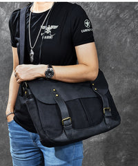 Canvas Leather Mens Army Green Postman Side Bag 14'' Black Messenger Bag Large Shoulder Bag For Men - iwalletsmen