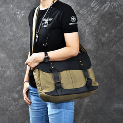Canvas Leather Mens Army Green Postman Side Bag 14'' Black Messenger Bag Large Shoulder Bag For Men - iwalletsmen