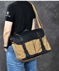 Canvas Leather Mens Army Green Postman Side Bag 14'' Black Messenger Bag Large Shoulder Bag For Men - iwalletsmen