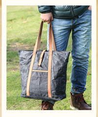Waxed Leather Mens Womens Black 14'' Waterproof Tote Bag Handbag Tote Bag Shoulder Bag Tote Purse For Men - iwalletsmen