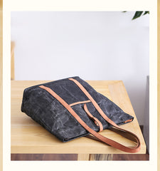 Waxed Leather Mens Womens Black 14'' Waterproof Tote Bag Handbag Tote Bag Shoulder Bag Tote Purse For Men - iwalletsmen