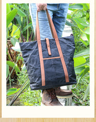 Waxed Leather Mens Womens Black 14'' Waterproof Tote Bag Handbag Tote Bag Shoulder Bag Tote Purse For Men - iwalletsmen