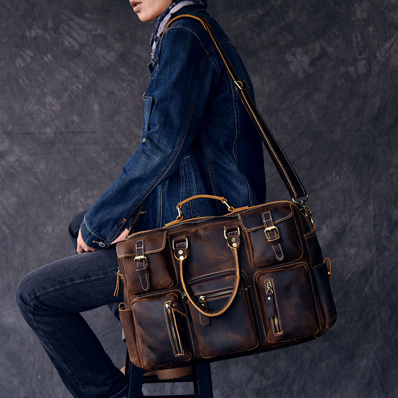 Canvas Leather Mens Womens Dark Coffee Travel Side Bag Messenger Bag Large Shoulder Bag For Men - iwalletsmen