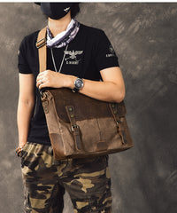 Canvas Leather Mens Womens Green Briefcase Side Bag Brown Messenger Bag Shoulder Bag For Men - iwalletsmen