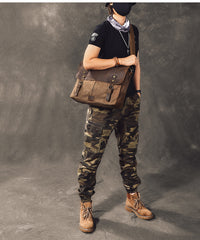 Canvas Leather Mens Womens Green Briefcase Side Bag Brown Messenger Bag Shoulder Bag For Men - iwalletsmen