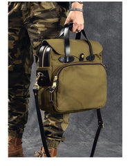 Canvas Leather Mens Khaki Briefcase 15'' Side Bag Messenger Bag Shoulder Bag For Men - iwalletsmen