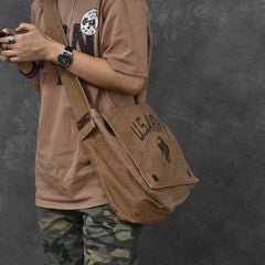 Washed Canvas Mens Large Brown Side Bag 14‘’ Army Green Messenger Bag Shoulder Bag For Men - iwalletsmen