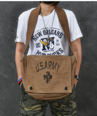 Washed Canvas Mens Large Brown Side Bag 14‘’ Army Green Messenger Bag Shoulder Bag For Men - iwalletsmen
