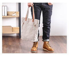 Canvas Leather Mens Womens Large White Handbag Tote Bag Khaki Shoulder Tote Purse For Men - iwalletsmen