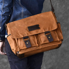 Canvas Leather Mens Large Khaki Side Bag 14'' Brown Messenger Bag Shoulder Bag For Men - iwalletsmen