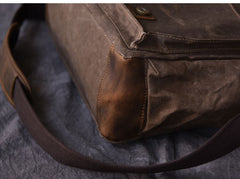 Canvas Leather Mens Large Khaki Side Bag 14'' Brown Messenger Bag Shoulder Bag For Men - iwalletsmen