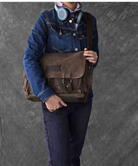 Canvas Leather Mens Large Khaki Side Bag 14'' Brown Messenger Bag Shoulder Bag For Men - iwalletsmen