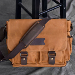 Canvas Leather Mens Large Khaki Side Bag 14'' Brown Messenger Bag Shoulder Bag For Men - iwalletsmen