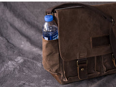 Canvas Leather Mens Large Khaki Side Bag 14'' Brown Messenger Bag Shoulder Bag For Men - iwalletsmen