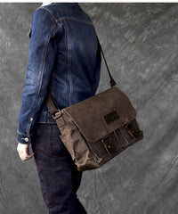 Canvas Leather Mens Large Khaki Side Bag 14'' Brown Messenger Bag Shoulder Bag For Men - iwalletsmen