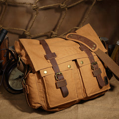 Canvas Leather Women Mens Blue 15'' Messenger Bag Khaki Side Bag Brown Shoulder Bag For Men - iwalletsmen
