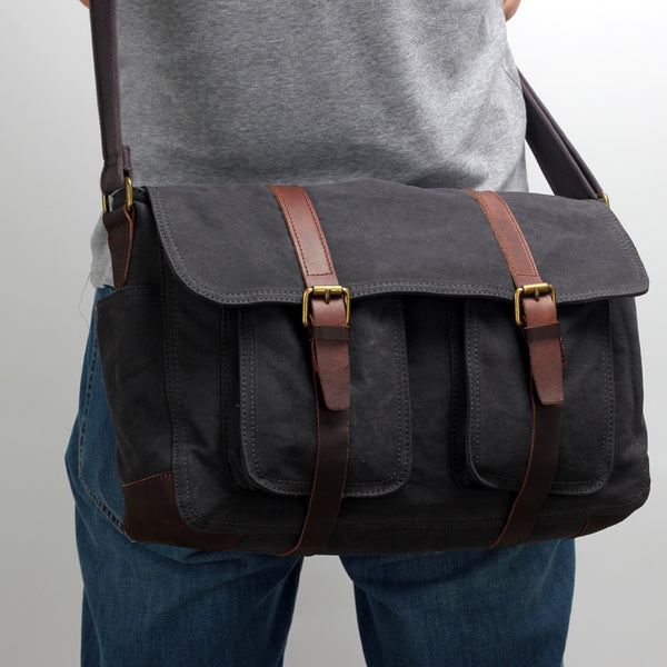Canvas Mens Side Bag 15'' Black Large Courier Bag Postman Bag Messenger Bag for Men - iwalletsmen