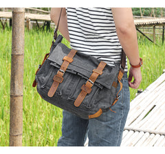 Canvas Mens 14'' Side Bag Courier Bag Gray Postman Bag Messenger Bag for Men - iwalletsmen