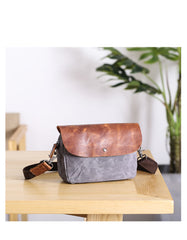 Leather Canvas Mens Small Side Bag Gray Courier Bag Postman Bag Messenger Bag for Men - iwalletsmen