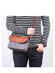 Leather Canvas Mens Small Side Bag Gray Courier Bag Postman Bag Messenger Bag for Men - iwalletsmen