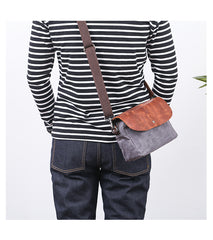 Leather Canvas Mens Small Side Bag Gray Courier Bag Postman Bag Messenger Bag for Men - iwalletsmen